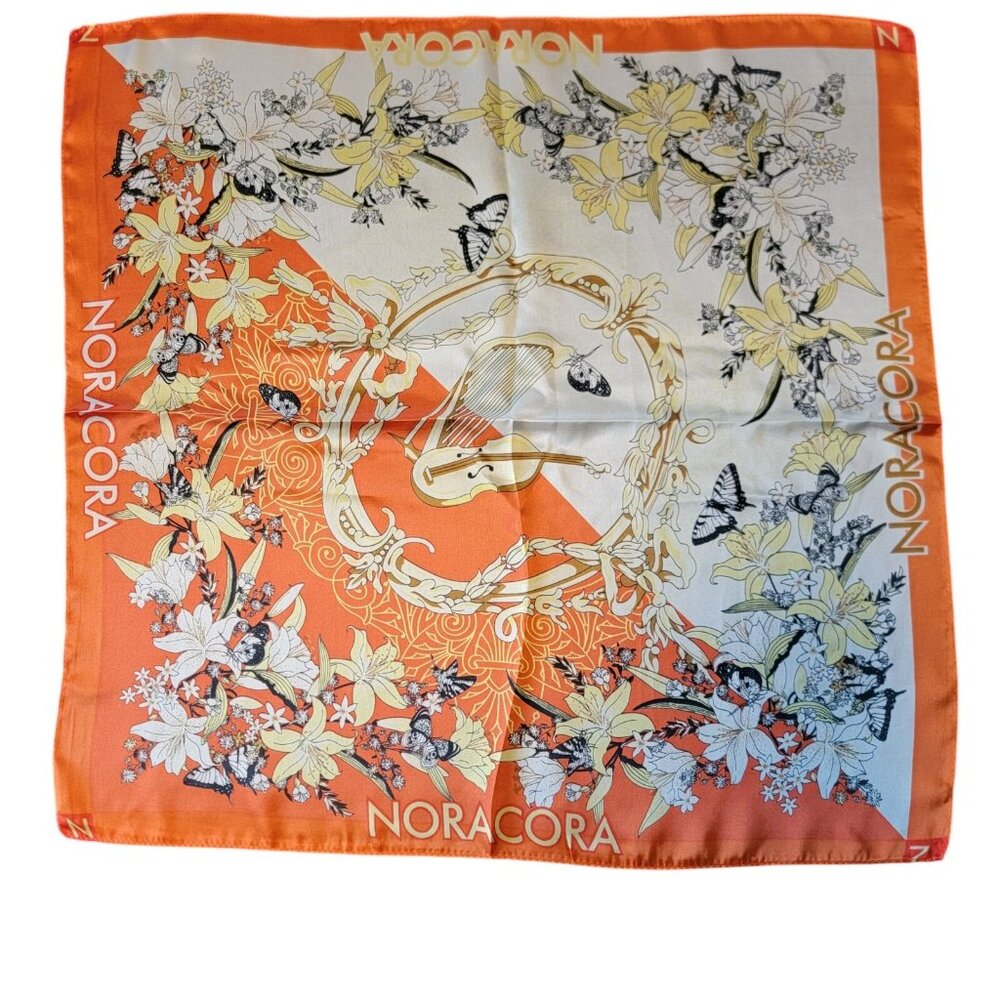 NORACORA Scarf FLORAL BUTTERFLY Music ORANGE SQUARE‎ Polyester  21 In Square